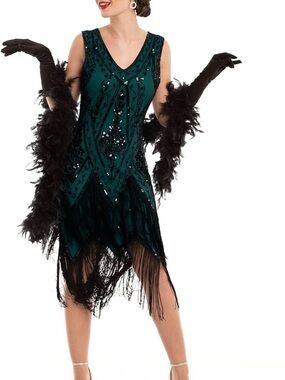 Pretty Guide Teal & Black Beaded Fringe Midi Dress